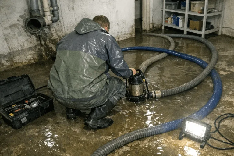 Techniker nutzt Schmutzwasserpumpe im überfluteten Keller beim Notfalleinsatz in Margarethenhöhe.