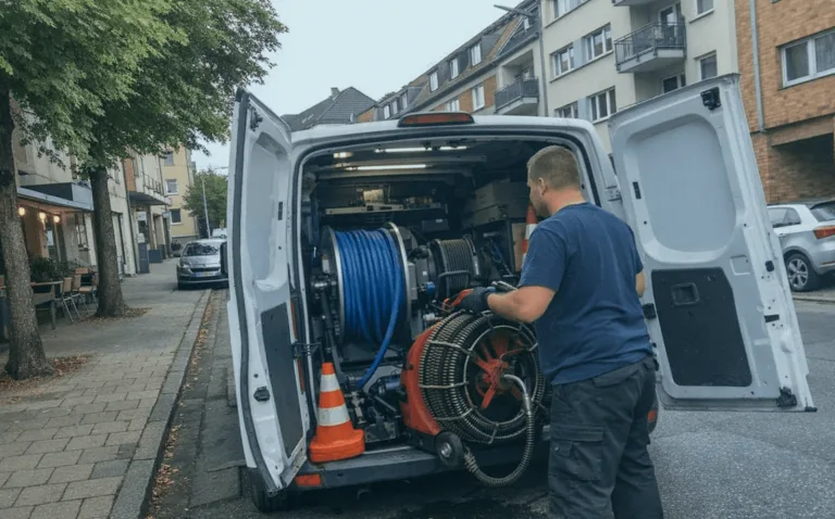 Bildcollage realer Rohrreinigungen vor Ort in Essen und Umgebung: Techniker, Kamerainspektion, Werkzeuge und Notdienstarbeiten.