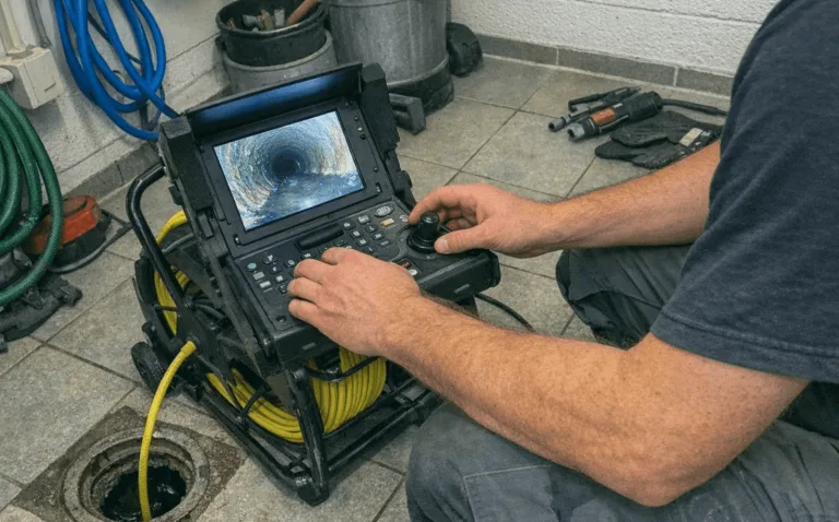 Techniker prüft Monitor einer Kanal-TV-Inspektion bei Rohrdiagnose in Vogelheim.