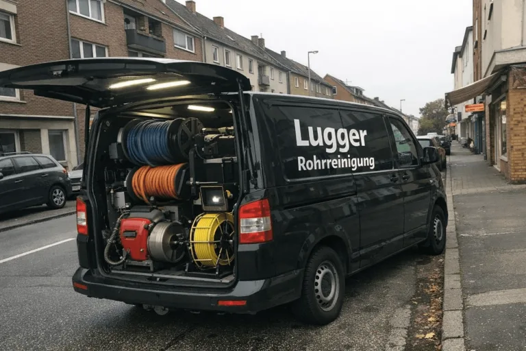 Rohrreinigung-Servicefahrzeug in einer typischen Straße in Werden, geparkt vor Wohnhäusern.