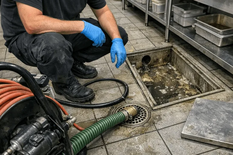 Gewerbliche Küche mit geöffneter Fettabscheider-Anlage während der professionellen Abflussreinigung im Sternviertel