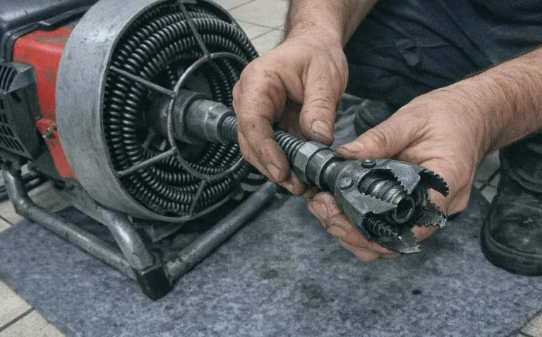Techniker bei der elektromechanischen Abflussreinigung eines stark verstopften Rohrs